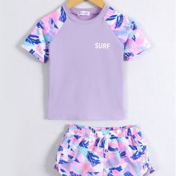 Mark & Mia Half Raglan Sleeves Two Piece Swimsuit with Tropical Print -Purple-image-93