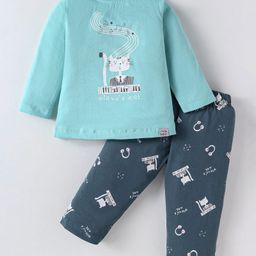Teddy Sinker Knit Full Sleeves Night Suit with Kitty Print - Light Blue-image-30