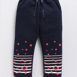 Kidcity Cotton Looper Striped & Floral Printed Joggers - Navy Blue-image-2