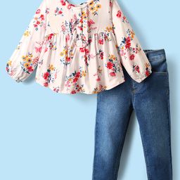 Babyhug Single Jersey Knit Full Sleeves Top & Denim Jeans Set With Floral Print - White & Blue-image-40