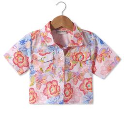 CrayonFlakes Half Sleeves Floral Printed Crop Cotton Shirt Top - White-image-3