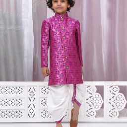Little Bansi Cotton Silk Full Sleeves Floral & Birds Foil Printed Sherwani With Dhoti Set - Magenta-image-22