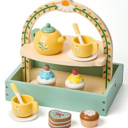 HAPPY HUES Wooden Tea Party Dessert Set for GirlsPretend Play Toy with Cake, Tea, and Kitchen Accessories for Toddlers and Kids-15