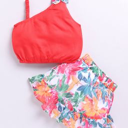 M'andy One Shoulder Sleeves Bow Applique Detailed Crop Top & Floral Printed Skirt Set - Red-image-98