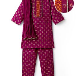 EARTHY TOUCH Cambric Woven Three Fourth Sleeves Kurti Chudidar Set with Dupatta & Foil Print - Purple-image-10
