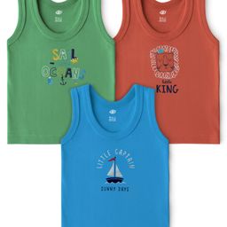 Zero Sinker Knit Sleeveless Vests With Nautical Print Pack Of 3 - Green Brown & Blue-image-4