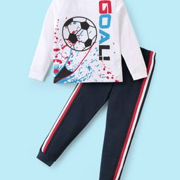 Unicorns Cotton Woven Full Sleeves Football Printed & Side Taped Night Suit Set - White & Navy Blue-image-93