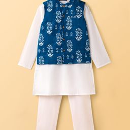 Pine Kids Cotton Woven Full Sleeves Kurta Pajama Set With Printed Jacket - White-picture-32