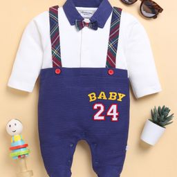 Wonderchild Full Sleeves Numerical Patch Embroidered Romper With Attached Bow & Waistcoat - Dull White & Navy Blue-image-99