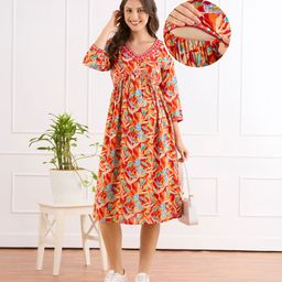 Bella Mama Viscose Woven Three Fourth Sleeves Embroidered Neck Maternity Dress with Floral Print - Orange-picture-8