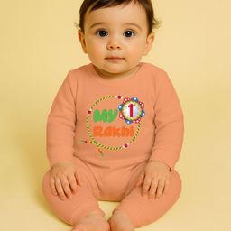 The Peppy Tend 100% Cotton Knit Rakshabandhan Theme Full Sleeves My 1st Rakhi Text Printed Romper - Peach-image-93