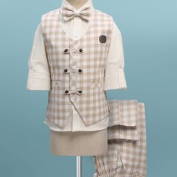 Rikidoos Cotton Woven Full Sleeves Checked 3 Piece Coordinating Party Suit Set With Bow - White & Beige-picture-44