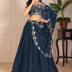 ODETTE Embroidered Thread Work Semi-Stitched Lehenga & Blouse With Dupatta-image-30