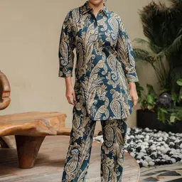 Zeyo Paisley Printed Shirt Collar Three-Quarter Sleeves Top With Trouser-53