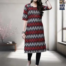 HERE&NOW Selection Of 3 Chevron Printed Round Neck Straight Kurtas-image-9