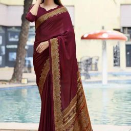 Satrani Maroon Printed Saree With Unstitched Blouse-image-78
