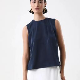 RAREISM Navy Blue Polyester Solid Top-image-5