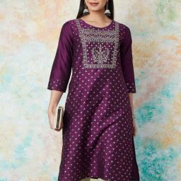 Melange By Lifestyle Wine Regular Fit Embroidered Kurtas-image-70