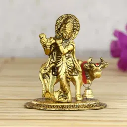 eCraftIndia Lord Krishna playing Flute with Golden Cow Showpiece-7