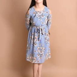 LilPicks Kids Sky Blue & Brown Floral Print Dress-image-45