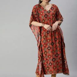 SHOWOFF Orange Cotton Printed Calf Length Kaftan Kurta-image-38