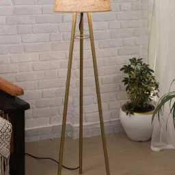 Homesake Beige & Golden Metal Standing Floor Lamp with Bulb and Floor Switch (Iron Legs)-image-40