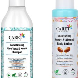 CARET ORGANIC Set Of 2 Aloevera & Neem Shampoo -300ml & Honey Almond Body Lotion- 100ml-1