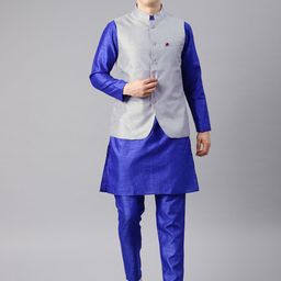 Freehand by The Indian Garage Co Men Grey Blue Solid Kurta Set with Nehru Jacket-picture-11