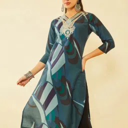 Soch Teal Poly Muslin Abstract Printed Kurta With Sequins Work image 4