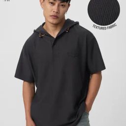 The Souled Store Black Cotton Loose Fit Self Pattern Hooded T-Shirt-image-7