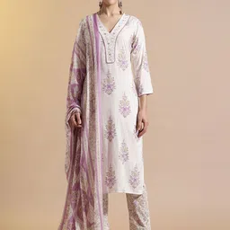 Anouk Floral Embroidered Thread Work Pure Cotton Straight Kurta with Trousers & Dupatta-picture-16