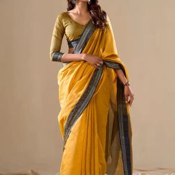 Elora Mustard Solid Saree With Blouse-image-22