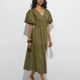 LOV by Westside Olive Solid Cotton Tiered Dress-picture-14