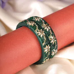 ZULKA Set Of 2 Floral Diamond Zircon Gemstones & Beads Studded Bangles-56