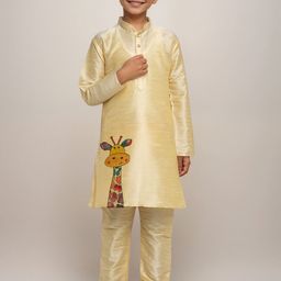 DEVOILER Boys Animal Printed Mandarin Collar Dupion Silk Straight Kurta-53