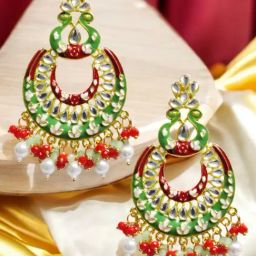 OOMPH Green & Maroon Meenakari Kundan & Pearls Studded Chandbali Drop Earrings For Women-22