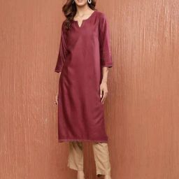 Fabindia MaroonSolid 3/4th sleeve Kurta-image-38
