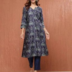 Fabindia Blue Cotton Silk Floral 3/4th sleeve Kurta-image-49
