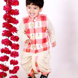 Little Bansi Full Sleeves Gold Strip Print Kurta With Flower And Checks Print Jacket And Dhoti - Cream-image-43