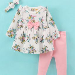 WOW Clothes Full Sleeves Floral Print Top with Solid Colour Leggings with Headband- Pink-image-33