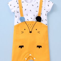 Mark & Mia Half Sleeves Romper Fox Print & Ear Applique- Yellow & White-image-89