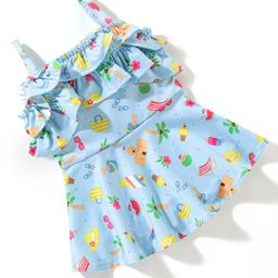 Babyhug Singlet Sleeves Ruffle & Beach Detailing Swimsuit Frock - Blue-image-53