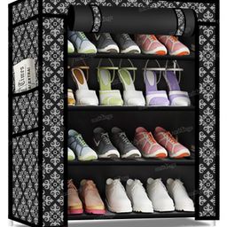 Fiddlerz Multipurpose 4 Shelves Shoe Rack Cabinet with Zip Door Cover Side Pockets Collapsible Shoes Shelf - Black-68