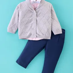 ToffyHouse Cotton Woven Full Sleeves Solid Shirt & Full Length Denim Jeans with Flat Knit Qwerky Cardigan & Bow- Navy Blue-picture-18