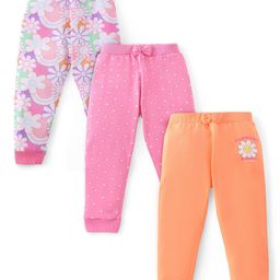 Babyhug Cotton Full Length Lounge Pants Floral Printed Pack of 3 - Pink & Orange-image-18