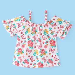 Babyhug 100% Cotton Knit Cold Shoulder Sleeves With Floral Print & Frill Detailing- White-image-26