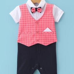 Mark & Mia Cotton Knit Half Sleeves Party Wear Rompers With Checks Waist Coat & Bow Detailing - Pink & Black-image-52