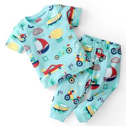 Babyhug Cotton Knit Single Jersey Half Sleeves Night Suit With Vehicles Print - Blue-16