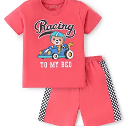 Babyhug Cotton Knit Half Sleeves Night Suit Bear Print - Red-picture-28
