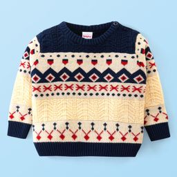 Babyhug Knit Full Sleeves Pullover with Aztec Design - Cream & Navy-image-70